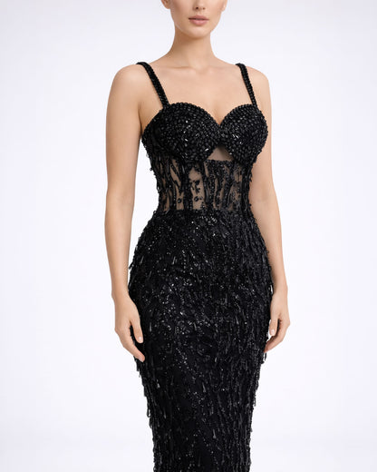 Black Embellished Illusion Corset Evening Gown