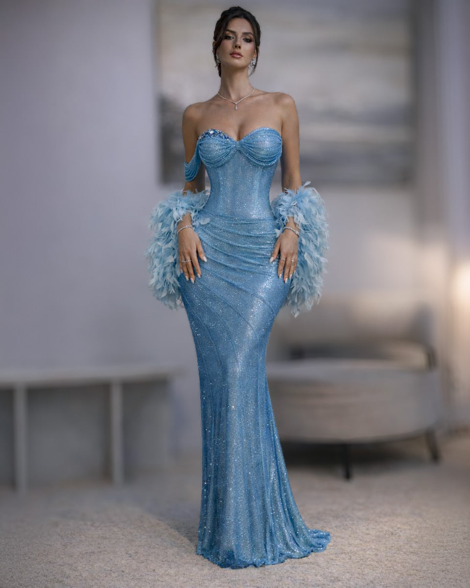 Blue Crystal Draped Strapless Gown with Feather Cuffs