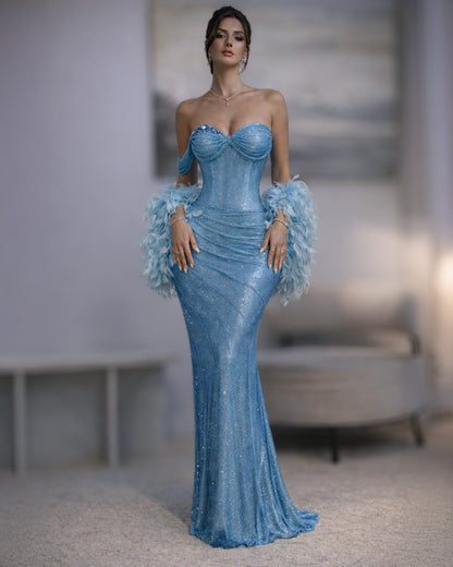 Blue Crystal Draped Strapless Gown with Feather Cuffs