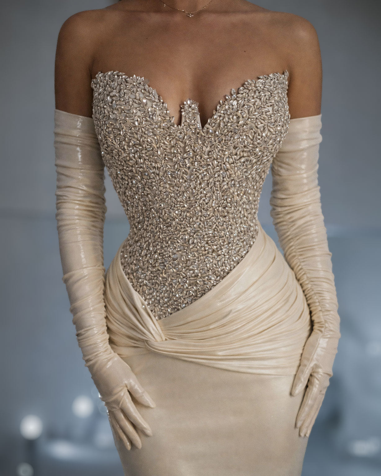 Champagne Satin Corset Evening Gown with Crystal Bodice and Gloves