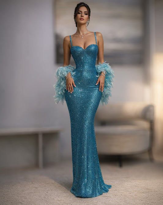Teal Beaded Crystal Gown with Spaghetti Straps