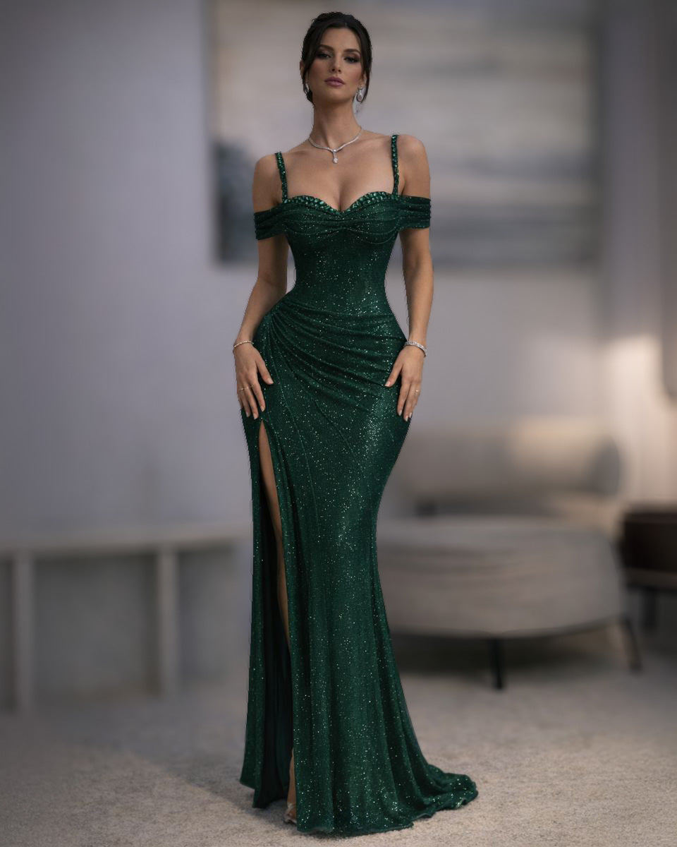 Emerald Green Draped Off-Shoulder Gown with Thigh Slit