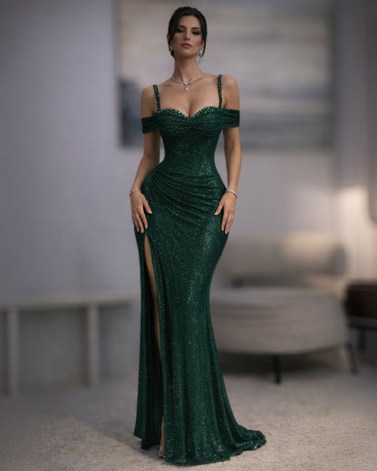 Emerald Green Draped Off-Shoulder Gown with Thigh Slit