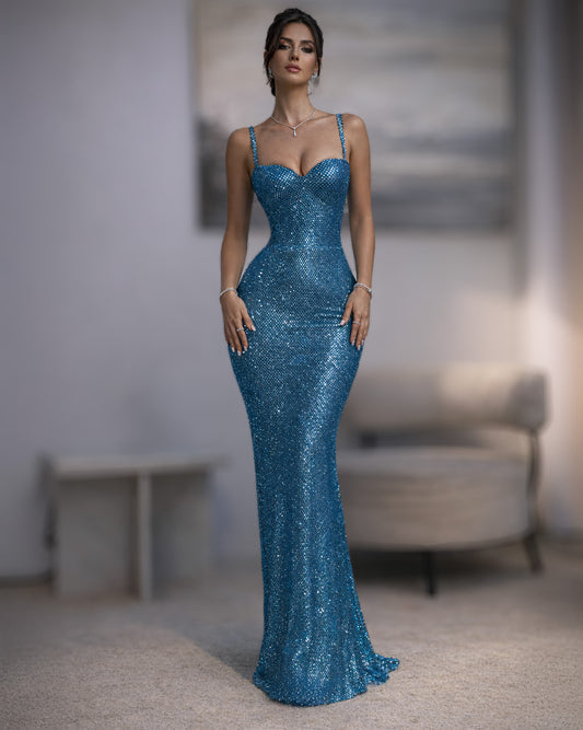 Teal Beaded Fitted Gown with Crystal Embellishment