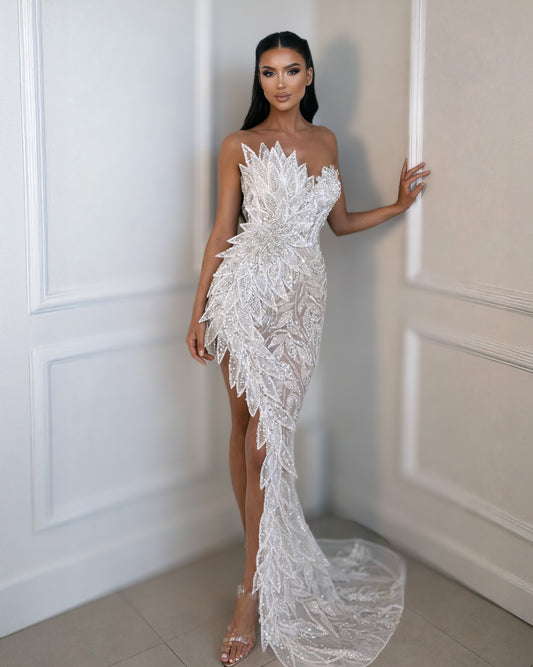 Ivory Crystal Strapless Bridal Dress with Asymmetrical Train