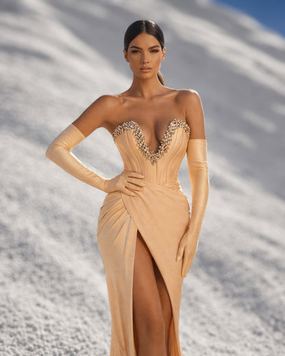 Champagne Crystal Corset Gown with Draped Skirt, Gloves and High Slit
