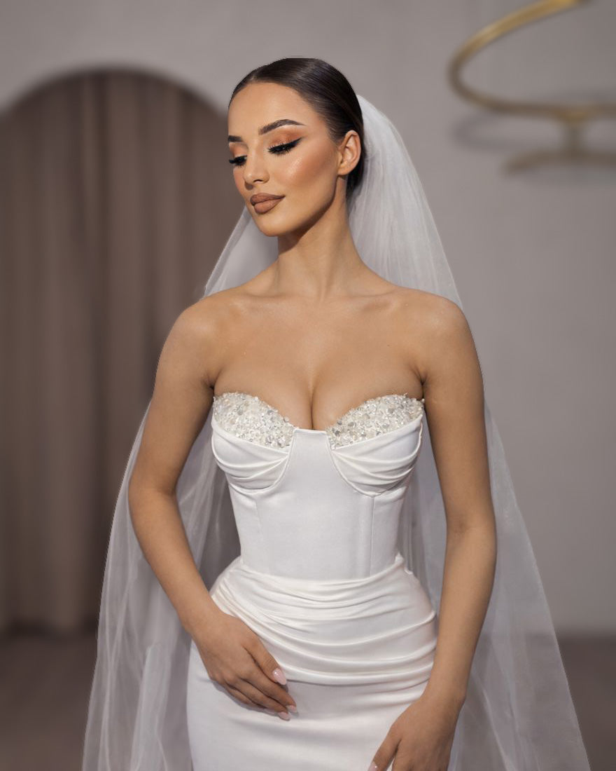 Ivory Crystal Bust Corset Bridal Gown with Sculpted Column Skirt