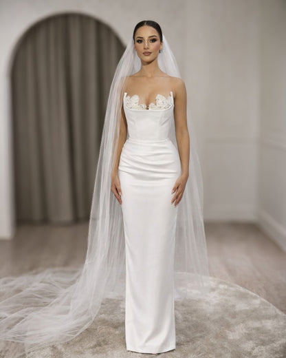 Ivory Lace-Trim Corset Bridal Gown with Straight Column Silhouette