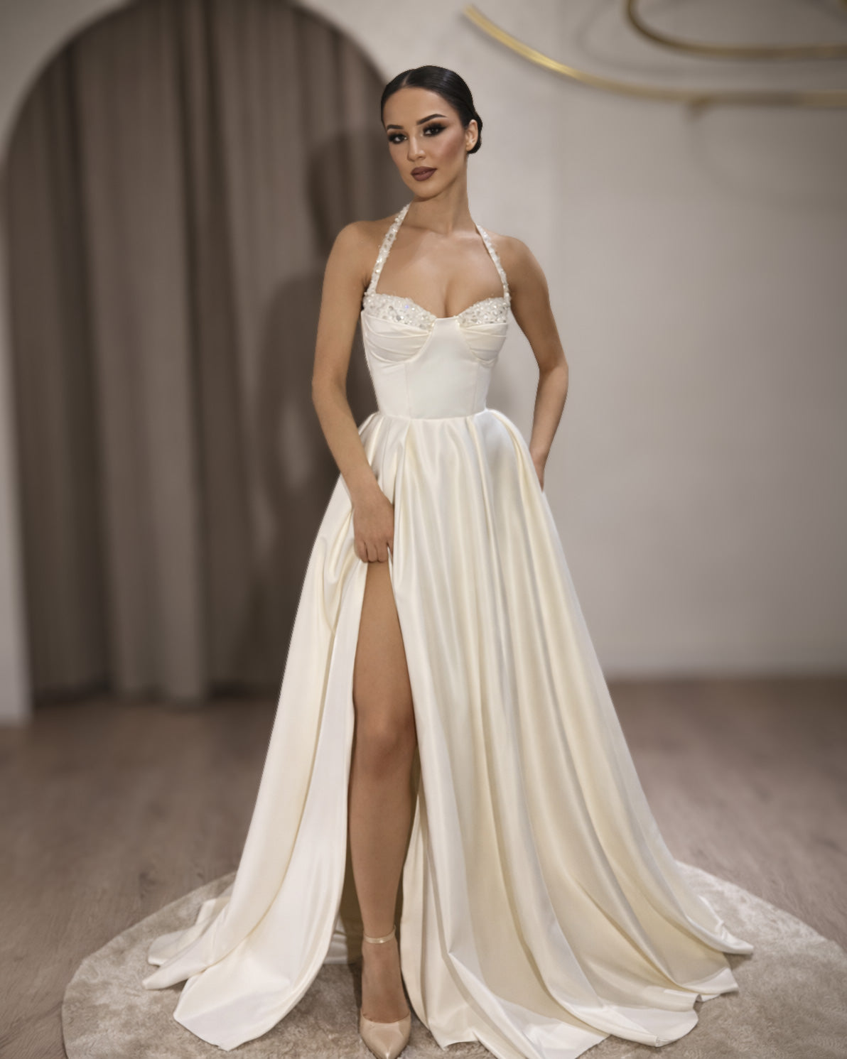 Ivory Halter Corset Bridal Gown with Flowing Skirt and High Slit