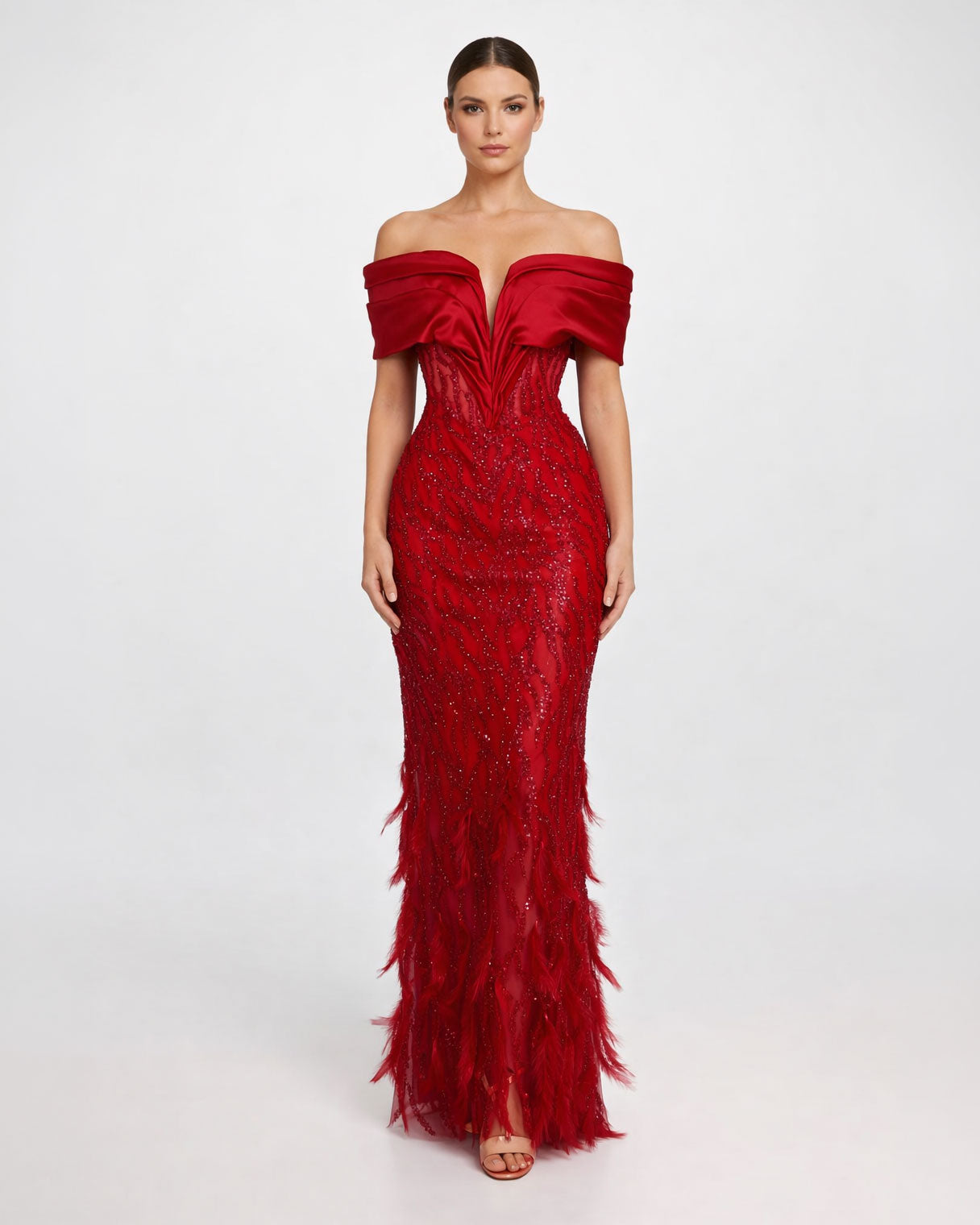 Red Off-Shoulder Embellished Evening Gown