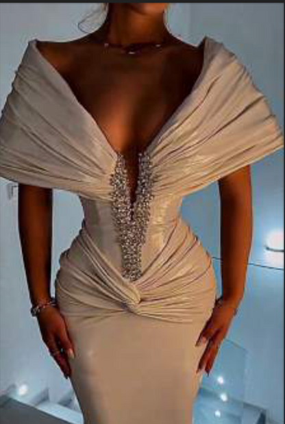 Champagne Nude Crystal Corset Column Gown with Draped Sleeves