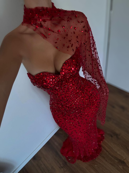 Ruby Red Crystal Mermaid Gown With Illusion Drape