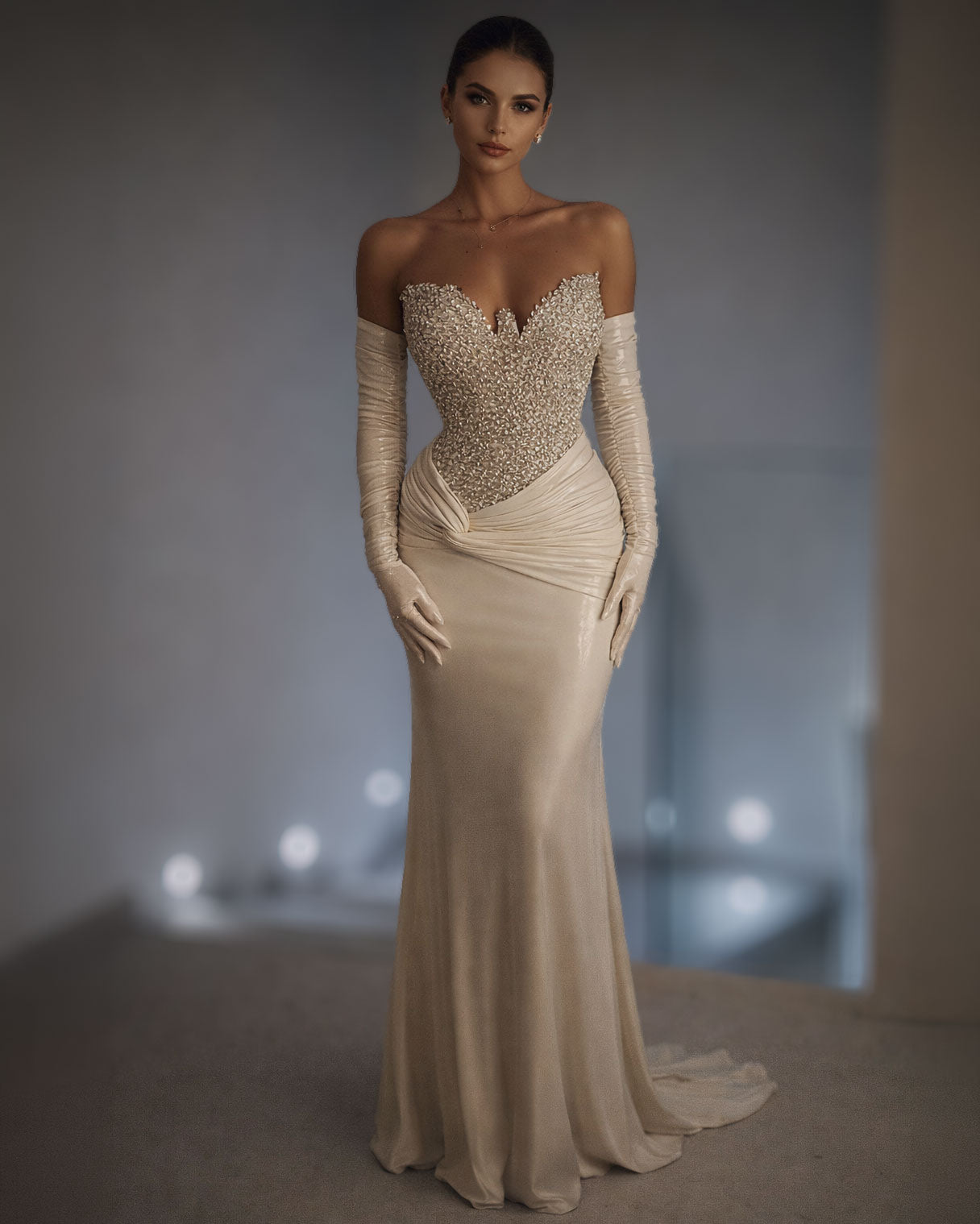 Champagne Satin Corset Evening Gown with Crystal Bodice and Gloves