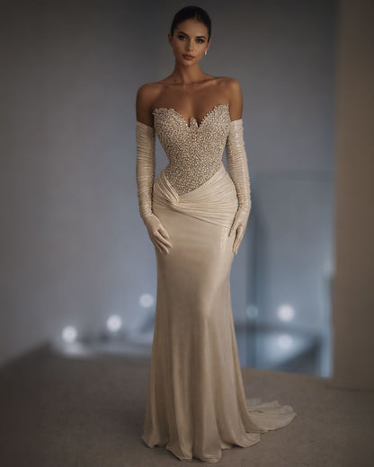 Champagne Satin Corset Evening Gown with Crystal Bodice and Gloves
