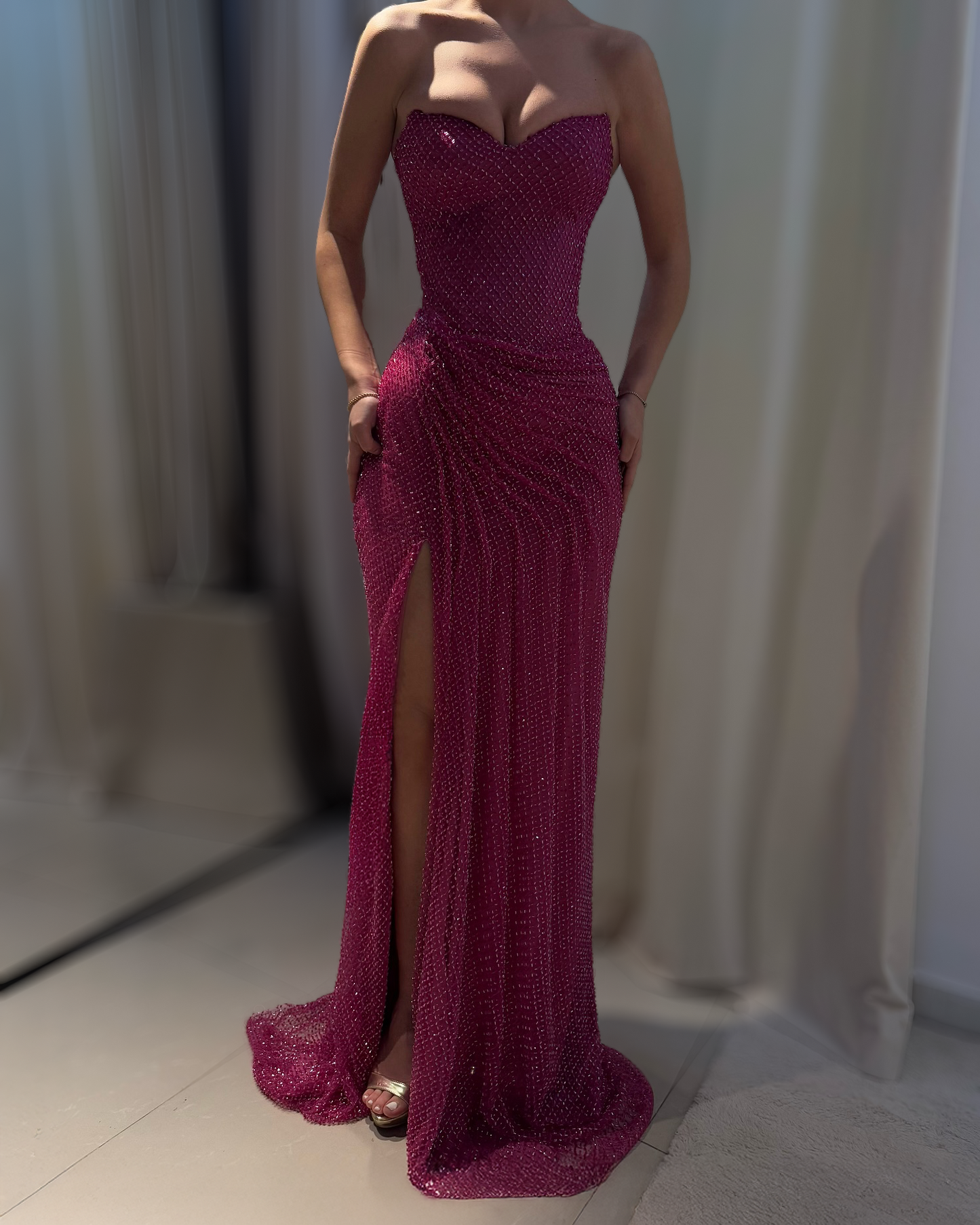 Fuchsia Crystal Strapless Evening Gown with Draped Skirt and High Slit