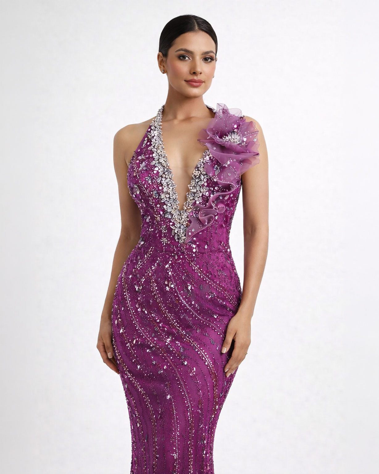 Purple Crystal Halter Mermaid Gown