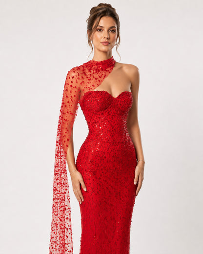 Red One Shoulder Beaded Corset Evening Gown with Draped Sleeve