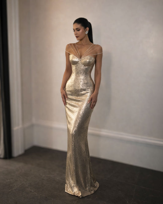 Gold Liquid Sequin Gown with Crystal Strap Detail