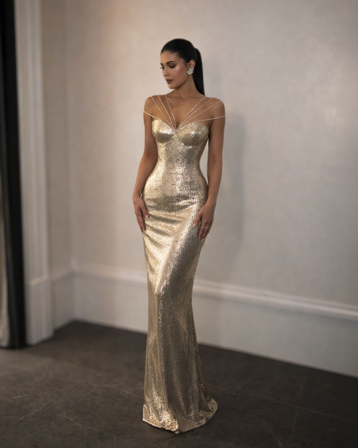 Gold Liquid Sequin Gown with Crystal Strap Detail