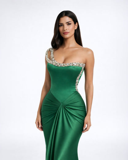 Emerald One-Shoulder Satin Mermaid Gown