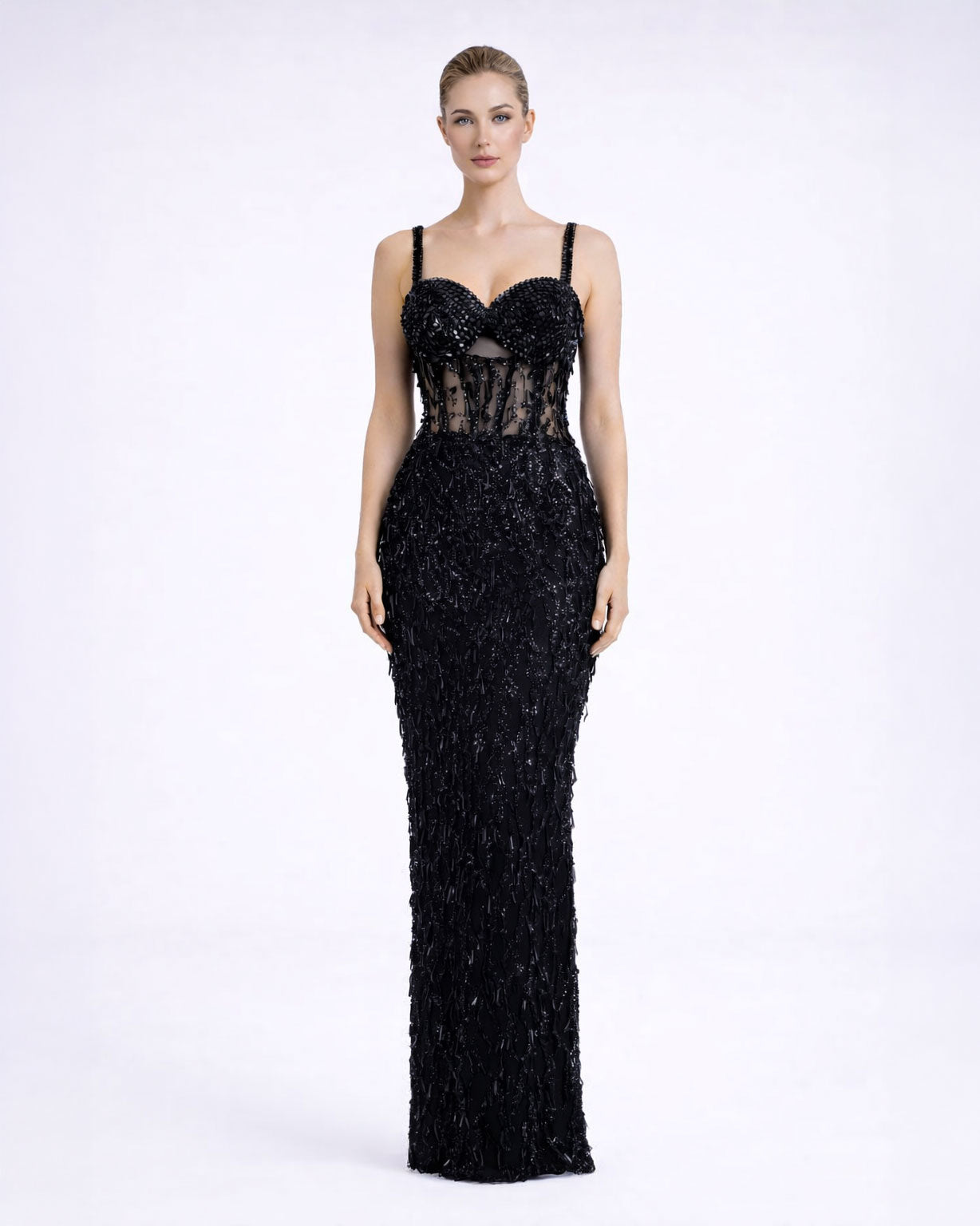 Black Embellished Illusion Corset Evening Gown