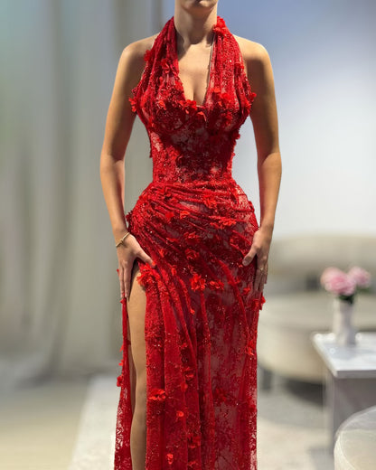 Red Floral Halter Couture Gown With High Slit