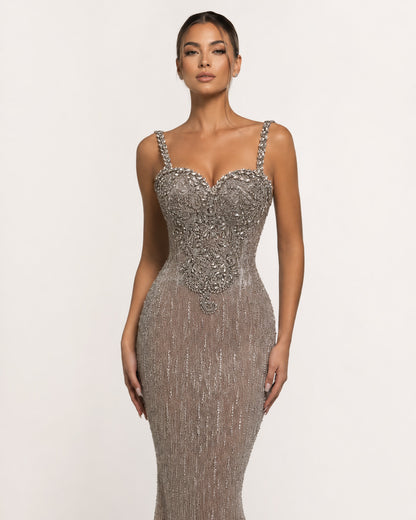Silver Crystal Beaded Corset Mermaid Gown