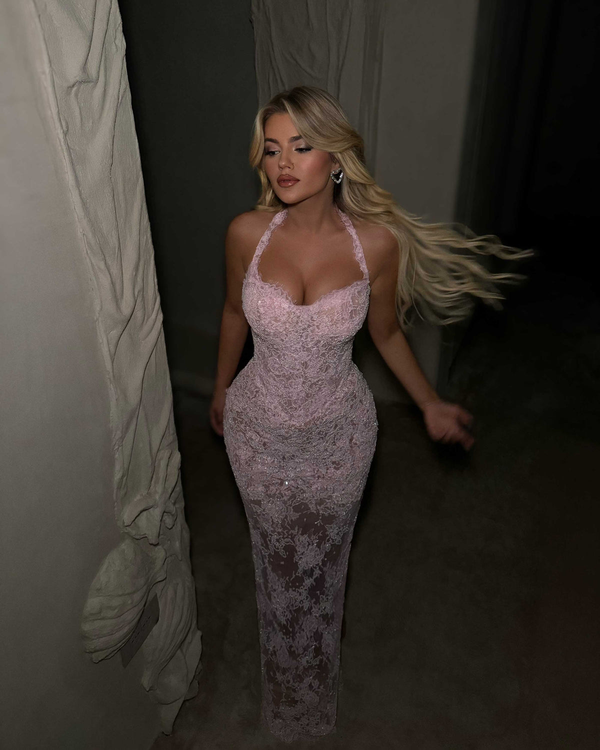 Blush Pink Halter Lace Corset Evening Gown with Beaded Embellishment