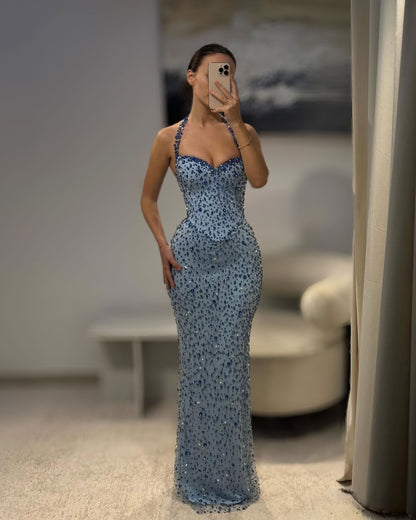 Ice Blue Sapphire Crystal Evening Gown