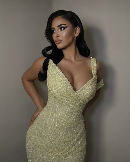 Lemon Gold Beaded Off Shoulder Mermaid Evening Gown