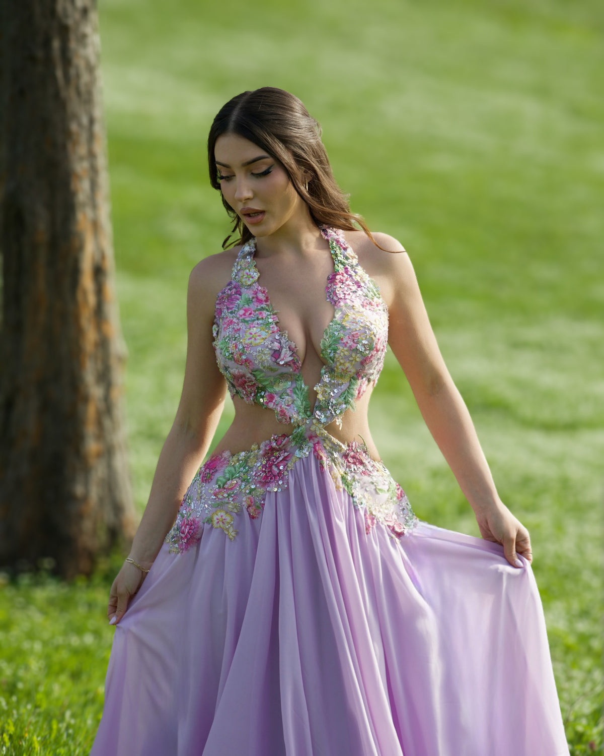 Lavender Floral Halter Cutout Evening Gown