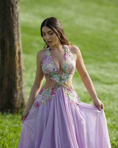 Lavender Floral Halter Cutout Evening Gown