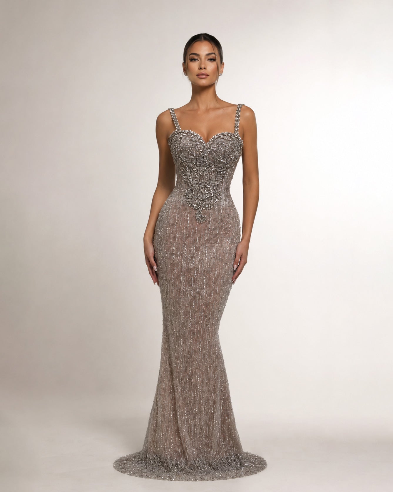 Silver Crystal Beaded Corset Mermaid Gown