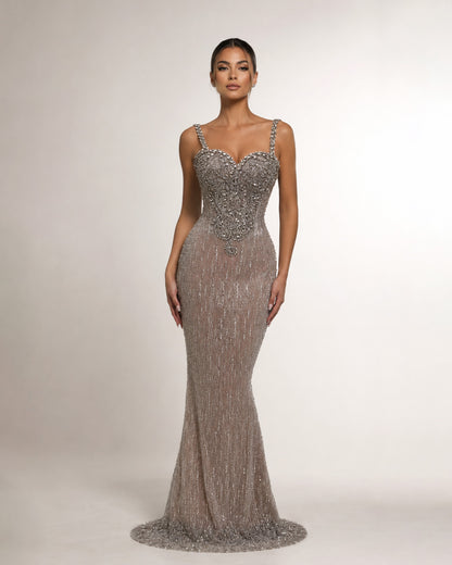 Silver Crystal Beaded Corset Mermaid Gown