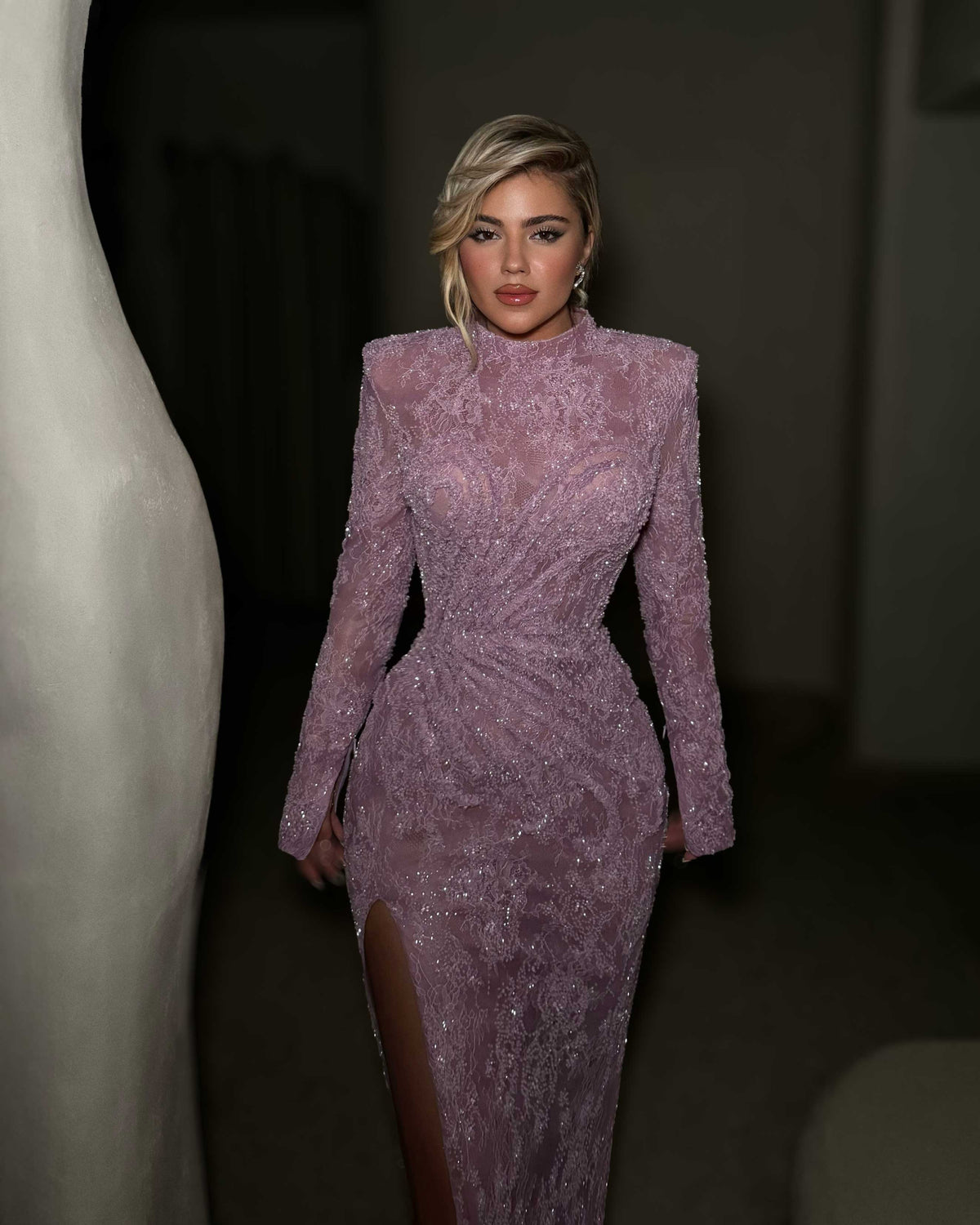Dusty Rose Long Sleeve Lace Corset Evening Gown with Sequins