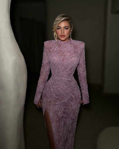 Dusty Rose Long Sleeve Lace Corset Evening Gown with Sequins