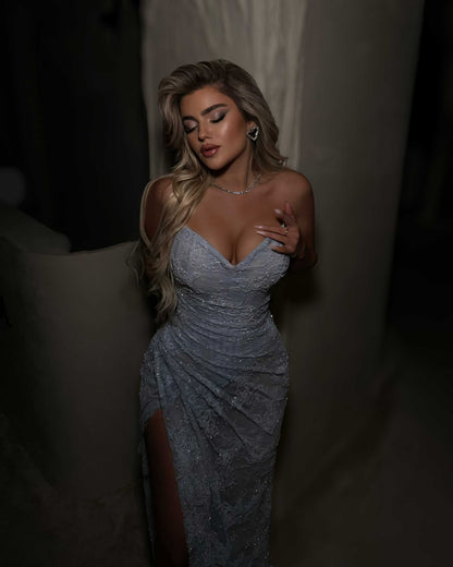 Ice Blue Lace Strapless Corset Evening Gown with Slit