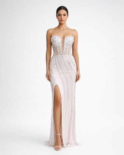 White Crystal Embellished Strapless Evening Gown with Slit