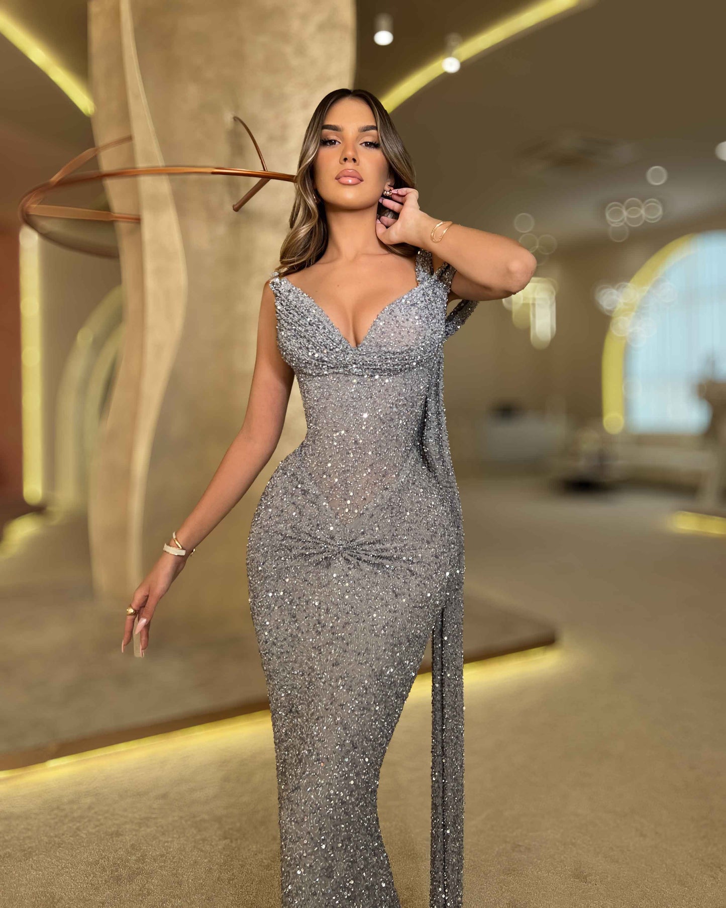 Silver Crystal Mermaid Gown with Draped Shoulder Detail