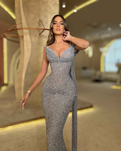 Silver Crystal Mermaid Gown with Draped Shoulder Detail