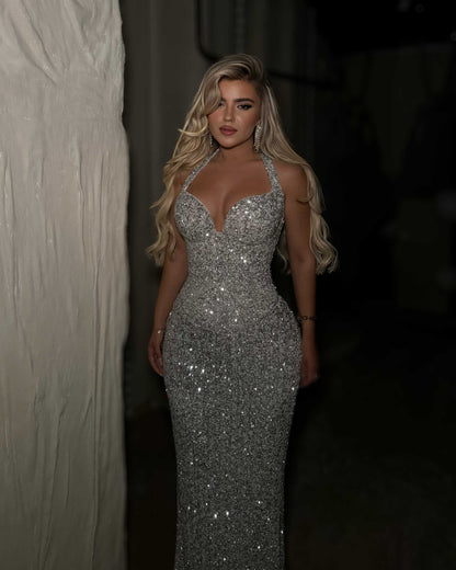 Silver Crystal Halter Corset Mermaid Evening Gown