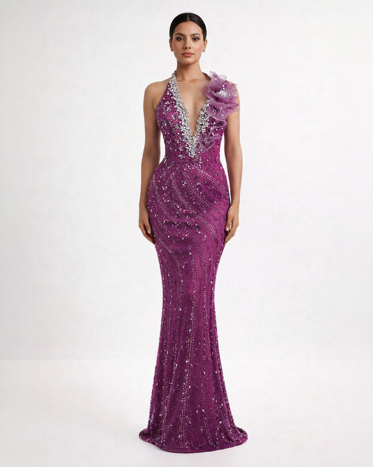 Purple Crystal Halter Mermaid Gown