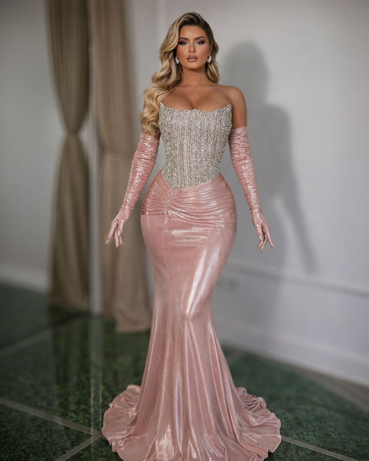 Blush Pink Crystal Corset Mermaid Evening Gown with Gloves