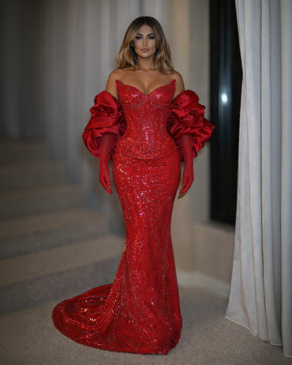 Red Crystal Corset Gown with Statement Sleeves