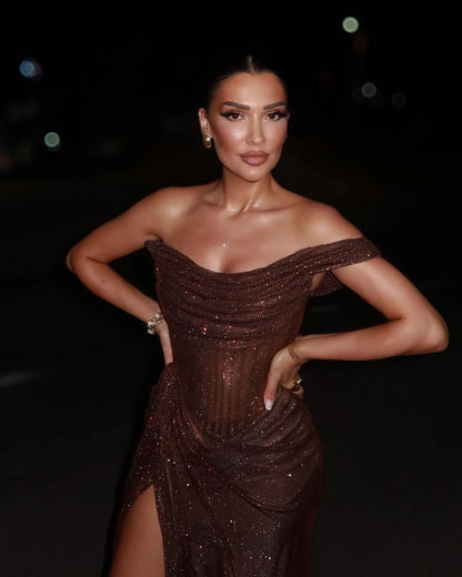 Chocolate brown glitter gown with off-shoulder cowl neckline and sculpted fitted corset bodice, detail view