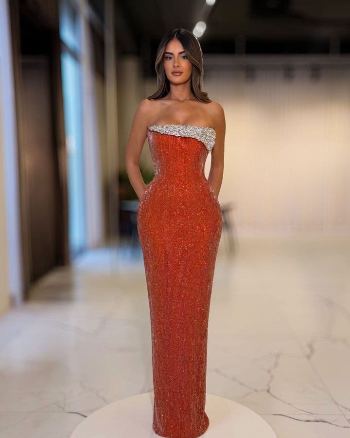 Copper orange strapless crystal corset evening gown, full-length front view