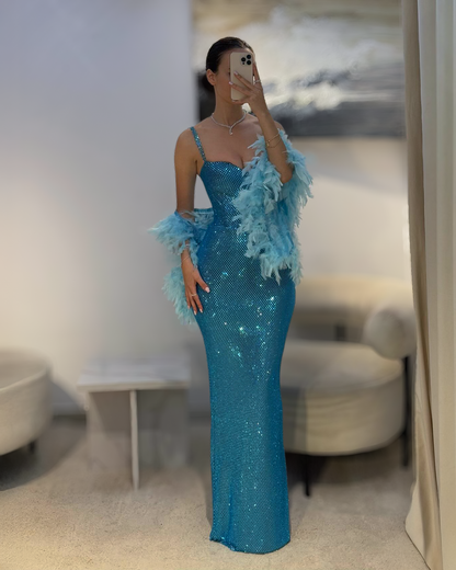 Ocean Blue Crystal Column Gown With Feather Stole