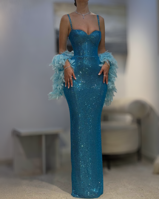 Ocean Blue Crystal Column Gown With Feather Stole