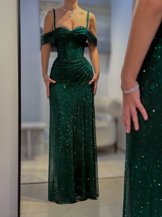 Emerald Green Draped Off-Shoulder Gown with Thigh Slit