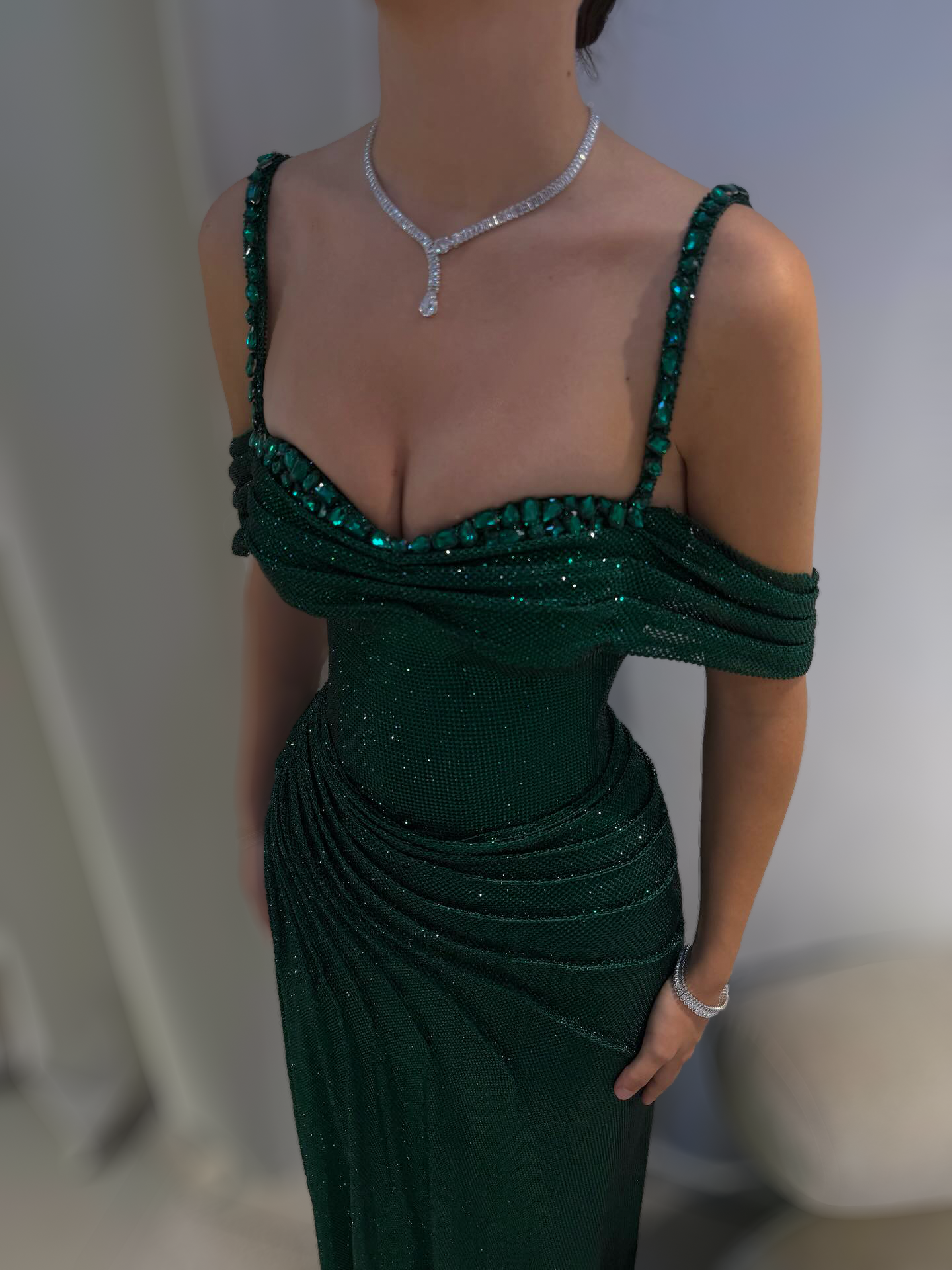Emerald Green Draped Off-Shoulder Gown with Thigh Slit